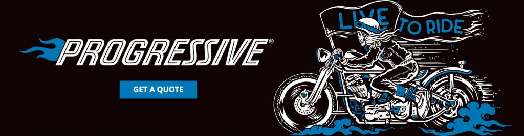 Progressive insurance company logo with a skeleton riding a motorcycle